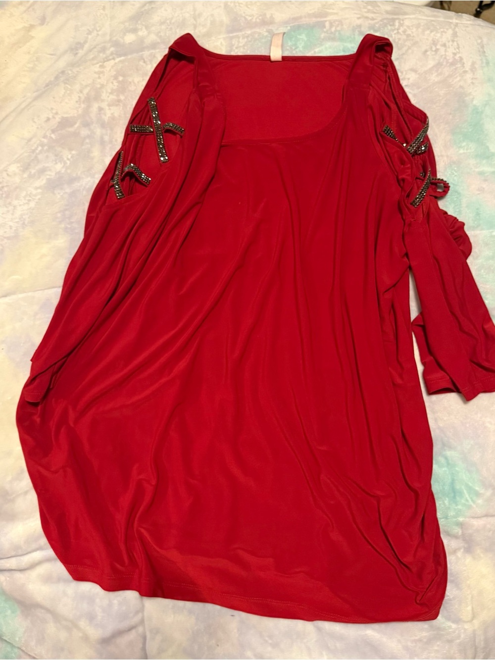 Perseption Red Cold-Shoulder Blouse with Beaded Tie Detail